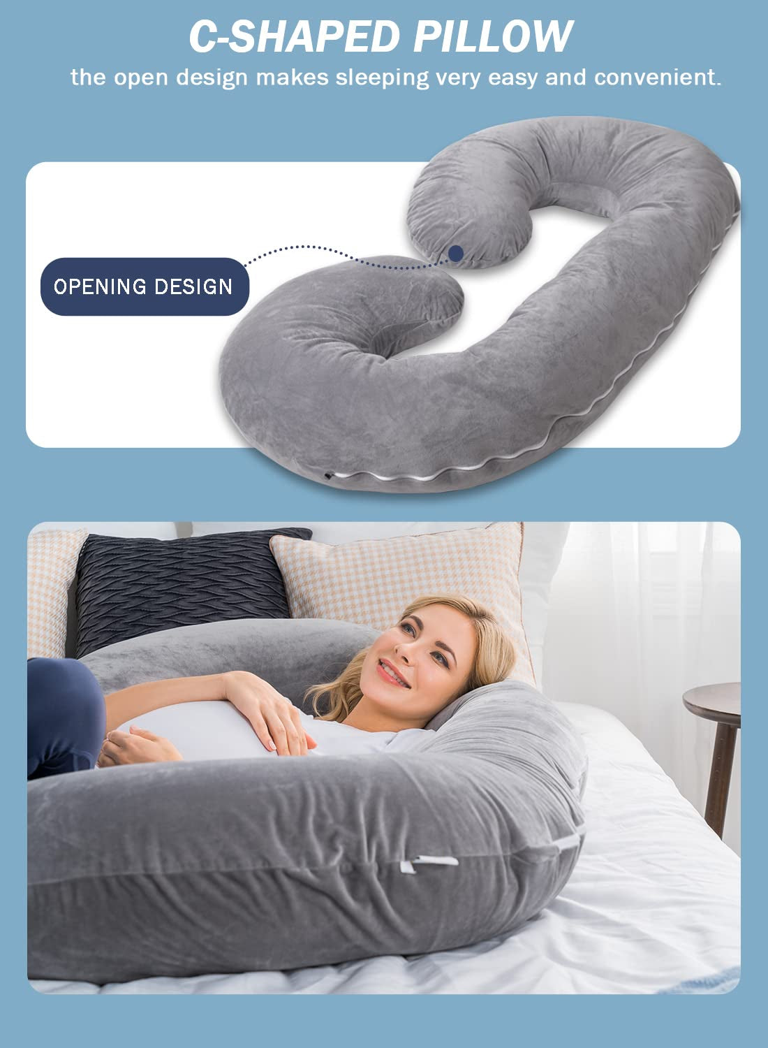 Pregnancy Pillow,Maternity Body Pillow with Velvet Cover,C Shaped Body Pillow for Sleeping (Grey)