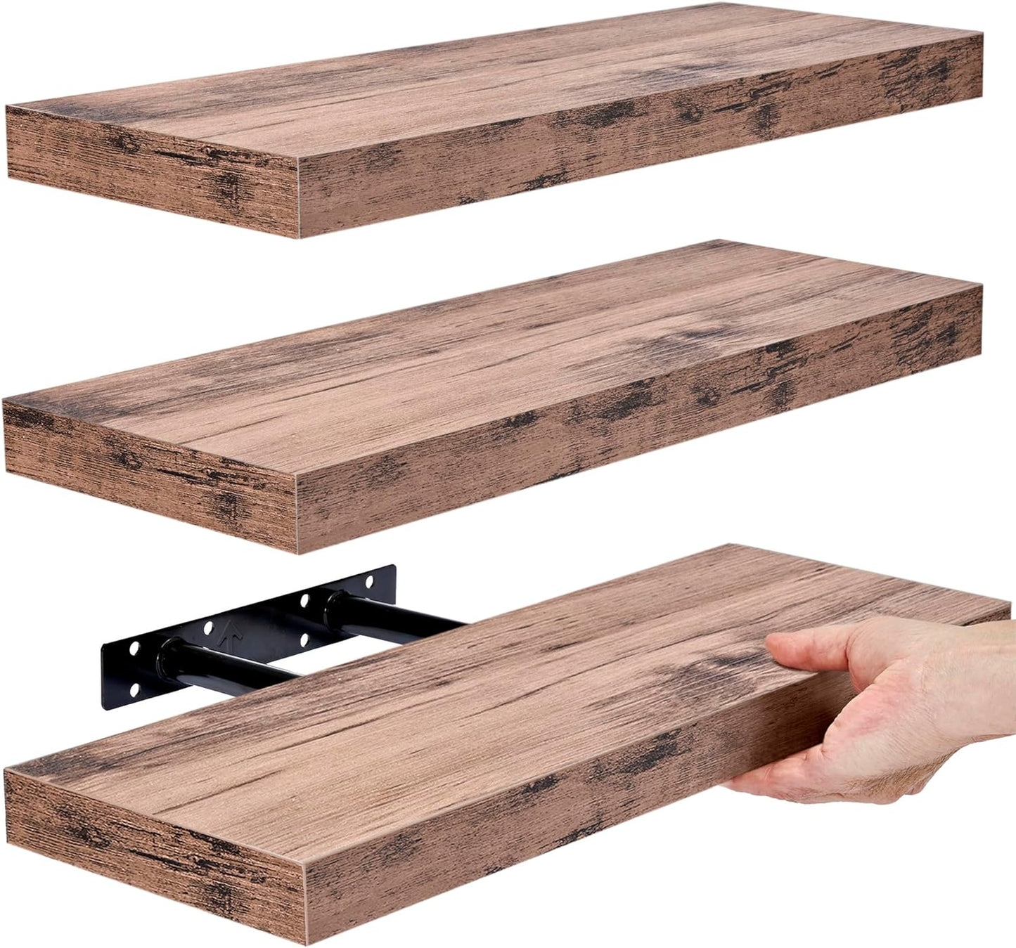 Floating Shelves for Kitchen, Bedroom, Bathroom Storage - Wall Mounted, over Toilet, Hanging Book Shelf for Living Room (Mahogany, 3 Pack)